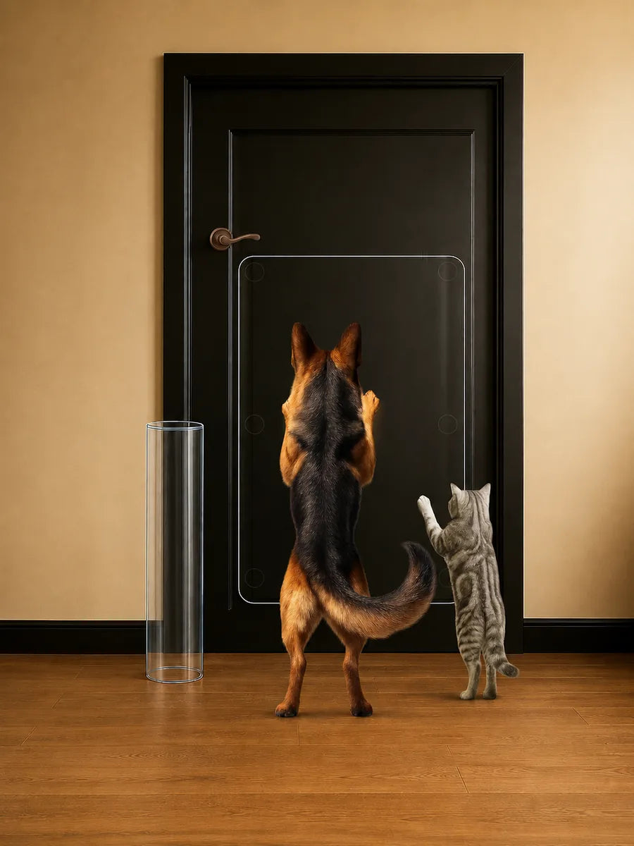 Dog and cat standing on their hind legs, reaching towards a glass door with a pet door. ##36 x 20"##1-Pack