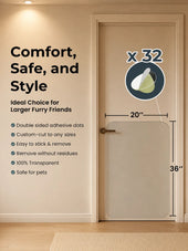 Pet door with adhesive backing on a wall, featuring text about comfort, safety, and style. ##36 x 20"##1-Pack