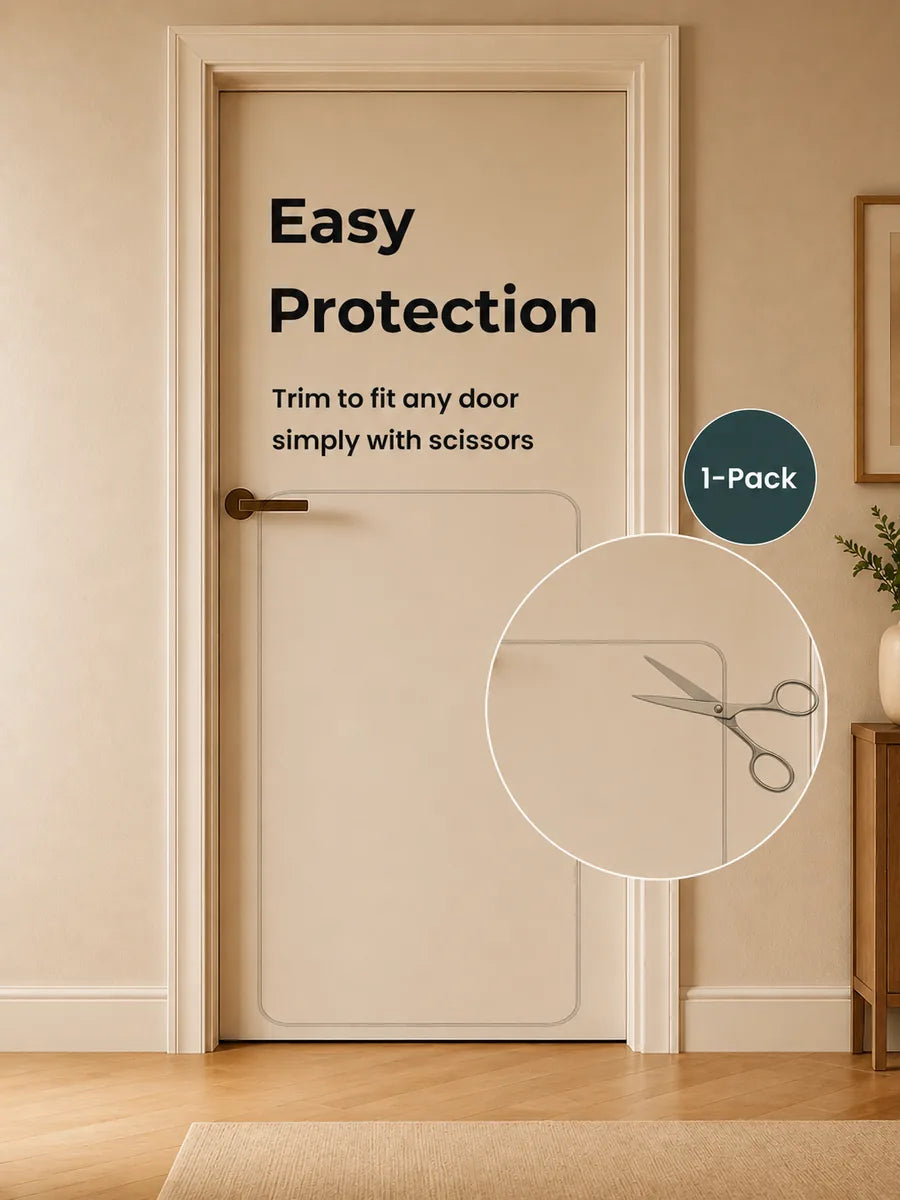 Door with protective film packaging labeled 'Easy Protection' on a beige wall. ##36 x 20"##1-Pack
