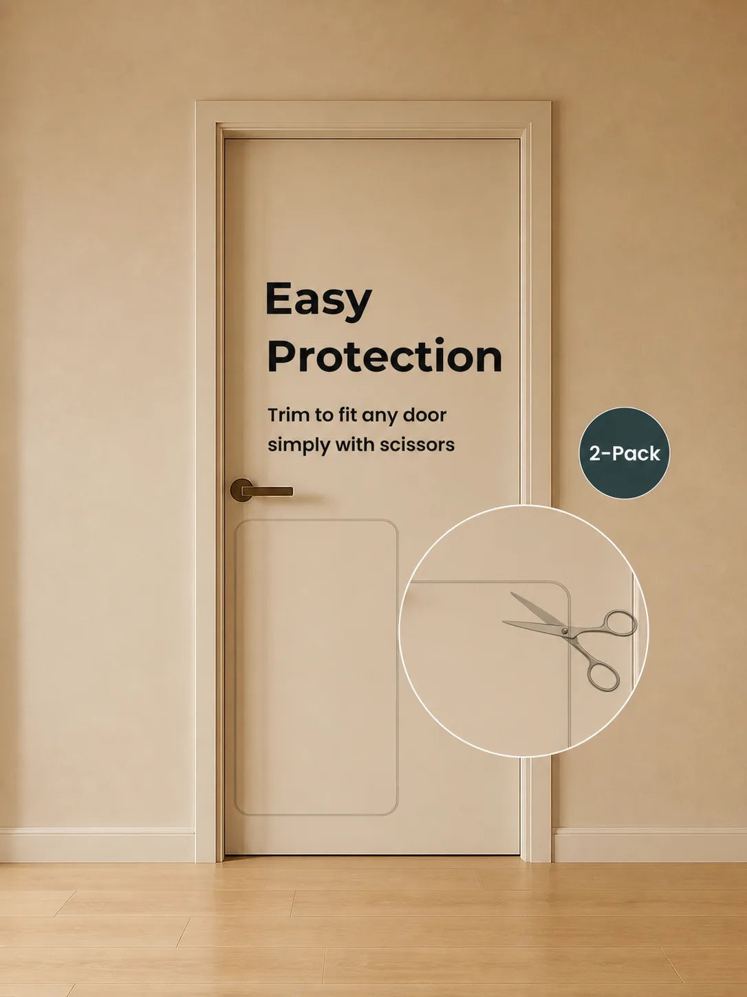 Door with 'Easy Protection' text and a 2-pack label, featuring scissors illustration. ##16 x 30"##2-Pack
