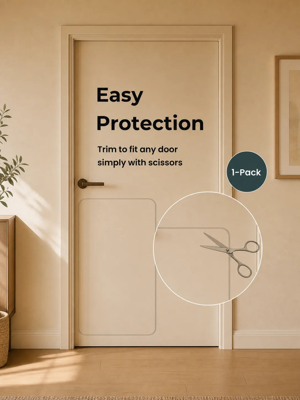 Door with text 'Easy Protection' and a pair of scissors, indicating self-adhesive protection for doors. ##16 x 30"##1-Pack