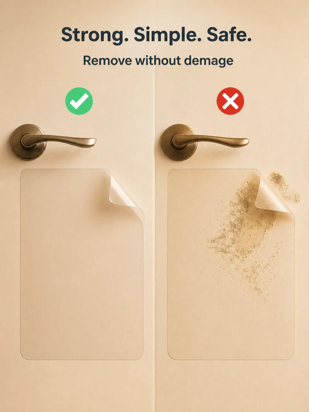 Two door handles with protective film on a beige background, showing the difference between removing the film without damage and with damage.