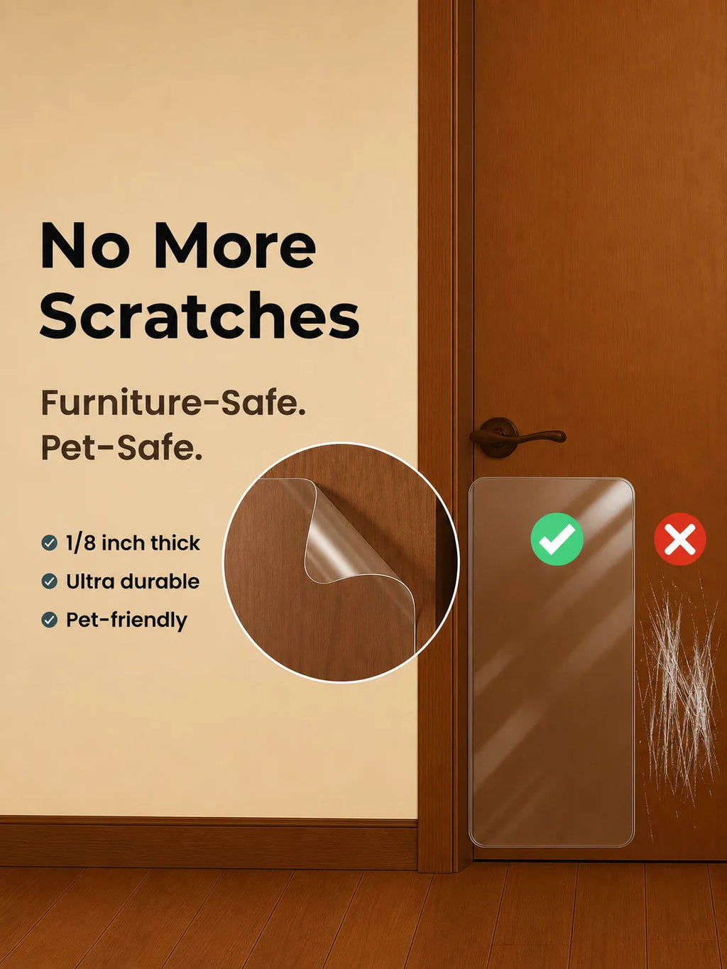 Scratch-resistant protective film on a wooden surface with text highlighting features.