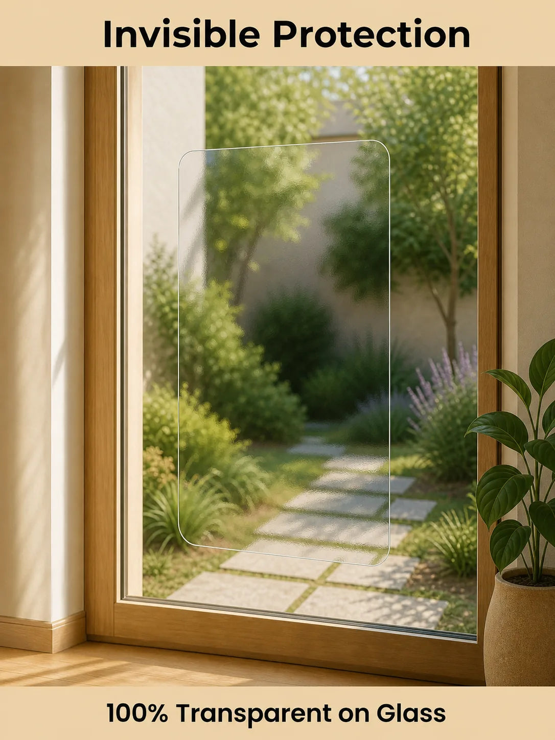 Glass with transparent protective film showing a garden view