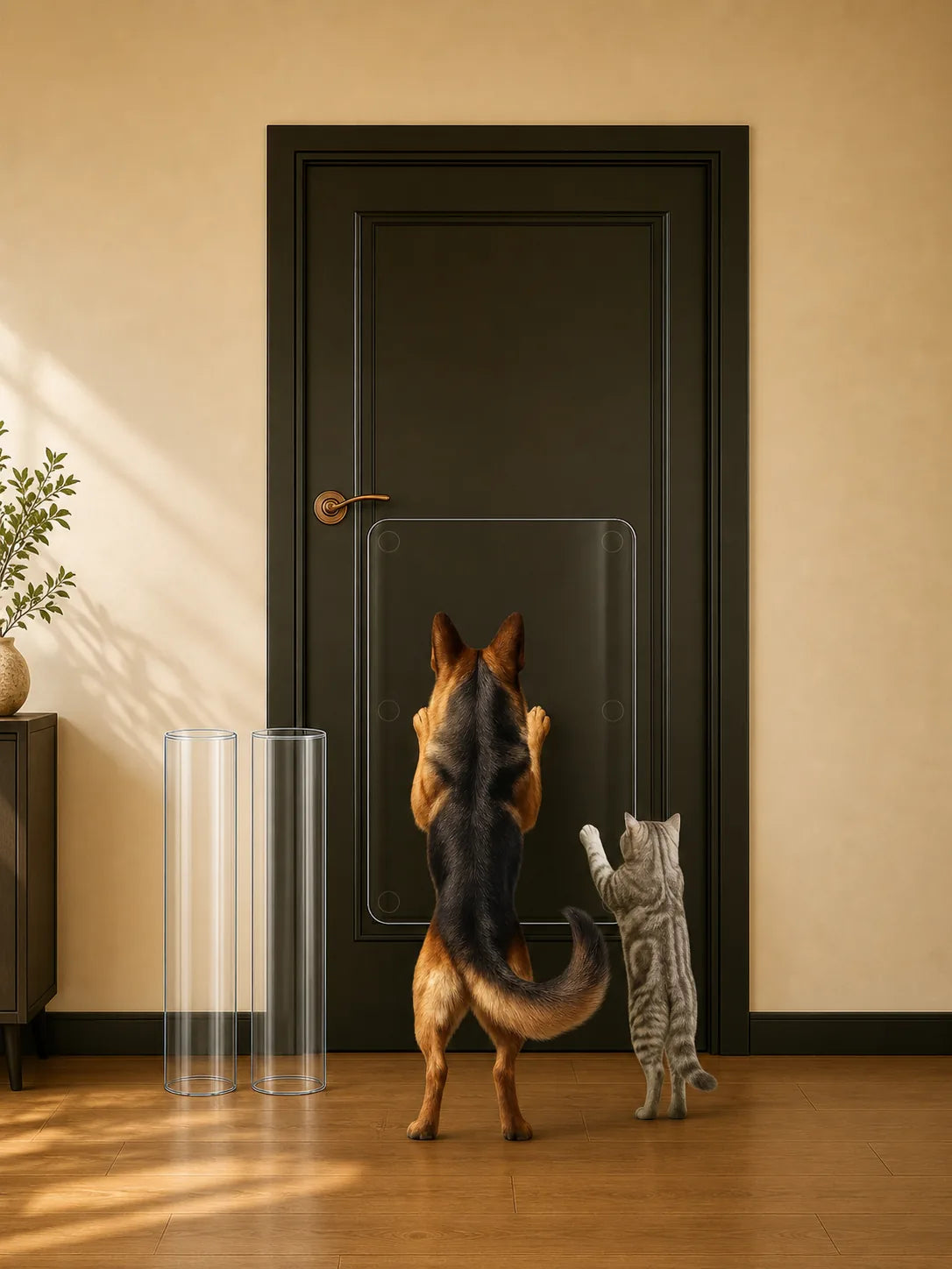 Dog and cat standing on hind legs, reaching towards a transparent glass door. ##16 x 30"##2-Pack