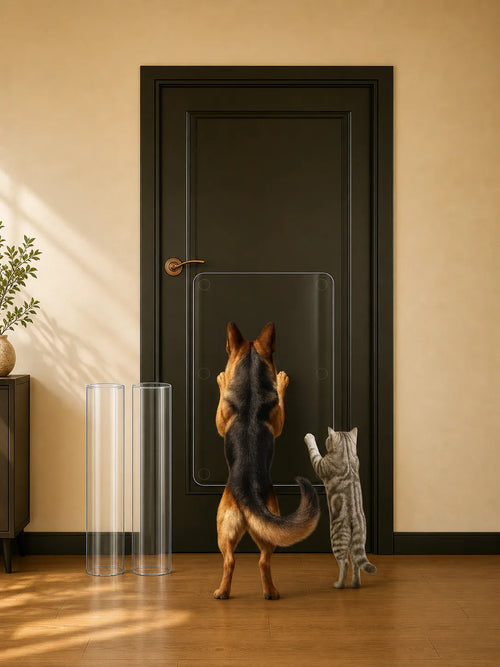 Dog and cat standing on hind legs, reaching towards a transparent glass door. ##16 x 30"##2-Pack