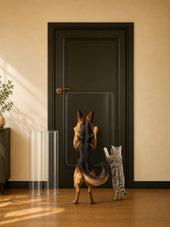 Dog and cat standing on hind legs, reaching towards a transparent glass door. ##16 x 30"##2-Pack