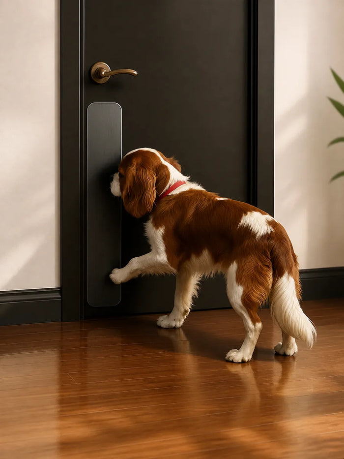 Dog standing on a wooden floor in front of a closed door with a pet door. ##4 x 30"##1-Pack